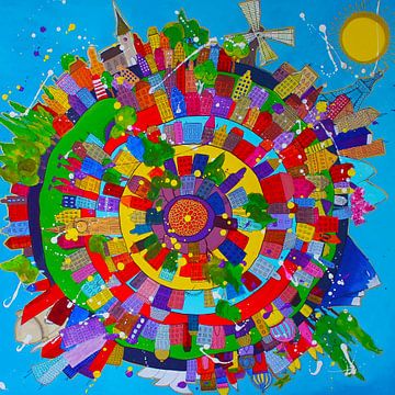 Kleurrijk schilderij van de wereld met alle steden van Nicole Habets