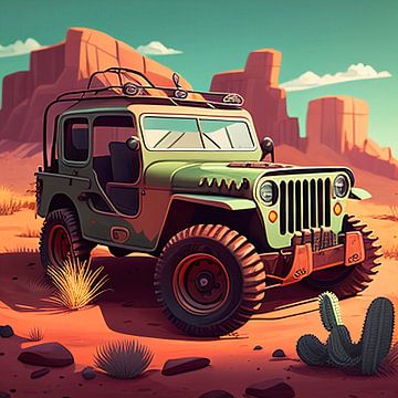Groene jeep in cartoon stijl van Harvey Hicks