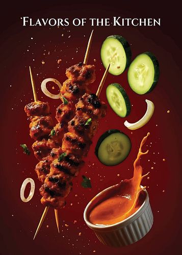 Poster 'Flavours of the Kitchen' – Gegrilde spiesjes Food Art, moderne keuken & -restaurantwanddecoratie