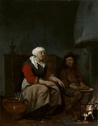 Een vrouw en een jongen koken pannenkoeken, Gabriël Metsu