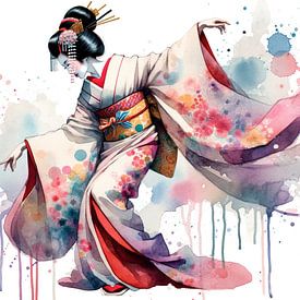 Danseuse geisha au kimono fluide sur Chromatic Fusion Studio