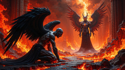 Dark Fantasy Wall Art: AZRAKIEL - Een gevallen engel knielt voor Lucifer van INFERAURUM - Dark Fantasy Wall Art