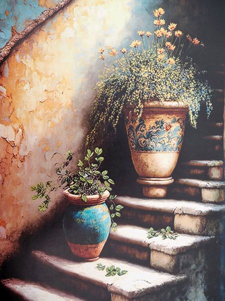 oude trap twee terracotta potten bloemen van gm_designs
