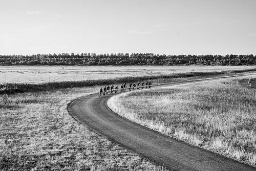 Fietsers op Slingerweg in Zwart Wit Landschap