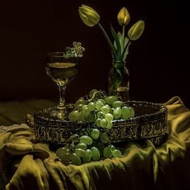Still life glass of wine and grapes in the style of the Dutch masters by ina kleiman