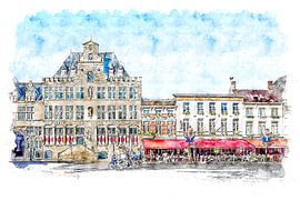 Das Rathaus und das Grand-Café-Hotel De Bourgondiër in Bergen op Zoom (Aquarell) von Art by Jeronimo