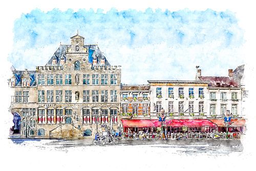 Het stadhuis en grand café hotel De Bourgondiër in Bergen op Zoom (aquarel)