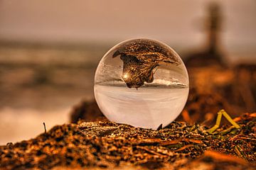Glaskugel auf einer Buhne an der Ostsee. Die Buhne spiegelt sich in der Kugel von Martin Köbsch