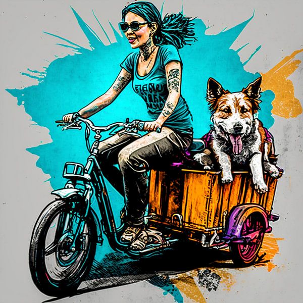 Graffiti urban woman dog excursion cargo bike dynamic by gm_designs
