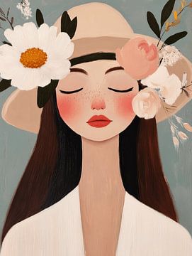 Moderne illustratie, portret van een meisje met bloemen van Studio Allee