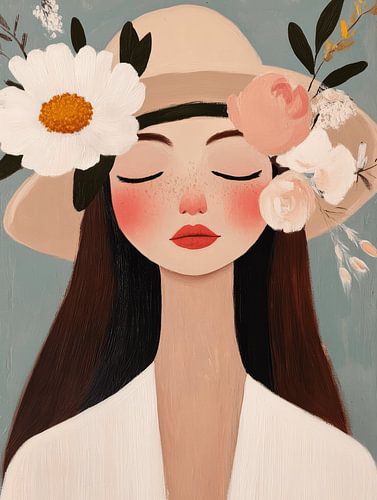 Moderne Illustration, Porträt eines Mädchens mit Blumen