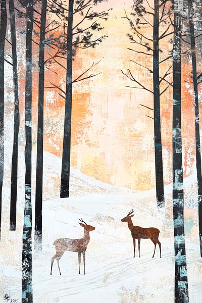 Fabuleux paysage hivernal avec des chevreuils par Poster Art Shop