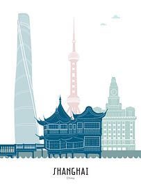Illustration de la ligne d'horizon de la ville de Shanghai, Chine en couleur sur Mevrouw Emmer