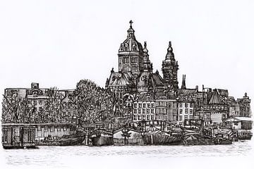 Tekening Haven St. Nicolaas Basiliek Amsterdam van Hendrik-Jan Kornelis