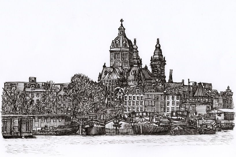 Zeichnung Hafen St. Nicholas Basilika Amsterdam von Hendrik-Jan Kornelis