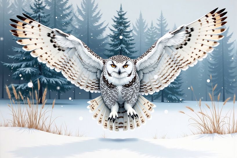 Majestueux harfang des neiges volant en rase-mottes au-dessus du pays des merveilles de l'hiver par Markus Gann