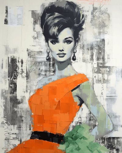 Collage vintage, portrait en noir et blanc avec une touche d'orange et de vert