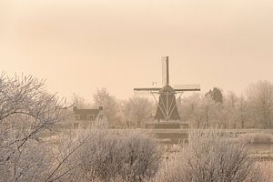 View on an old windmill in the city of Kampen next to the river IJssel in winter