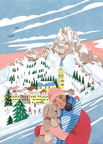 Vrouw met hond in winterlandschap met bergen