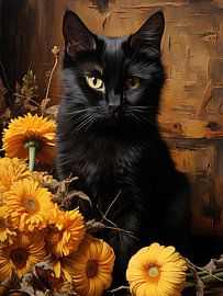 Schwarze Katze im goldenen Blütenlicht von Erika Kaisersot