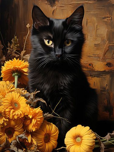 Zwarte kat in gouden bloemenlicht