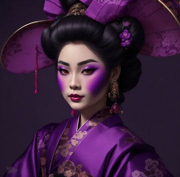 Geisha portret in paarse tinten in traditionele kleding. van Brian Morgan