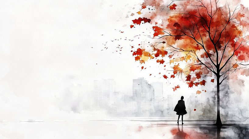 Frau spaziert im herbstlichen Park von Frank Heinz