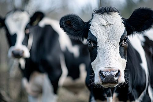 Close-up van nieuwsgierige zwart-witte koeien