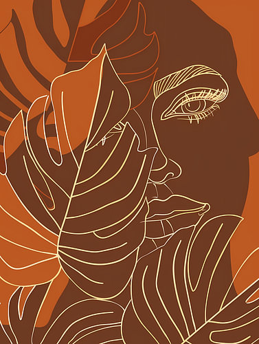 Terracotta Muse: Line-Art Porträt mit Monstera