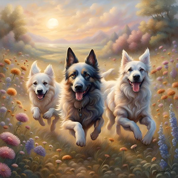 Bohemian Shepherd speelt in een Flowerfield 4 van Johannas Art Creations