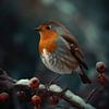 Winter Vogel Schilderij - Roodborstje op Besneeuwde Tak van Joriali Fine Art