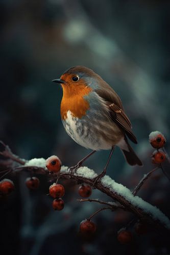 Winter Vogel Schilderij - Roodborstje op Besneeuwde Tak
