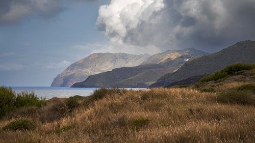 Serene Coastal Vista with Majestic Mountain Range and Skyline