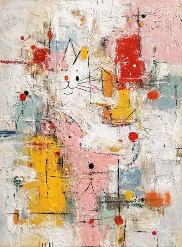 Peinture abstraite et ludique représentant des chats, réalisée dans des tons pastel doux sur Joriali Art abstrait