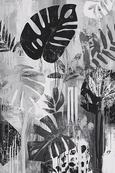 Zwart-wit abstracte bladeren schilderij van Art & Soul Creations