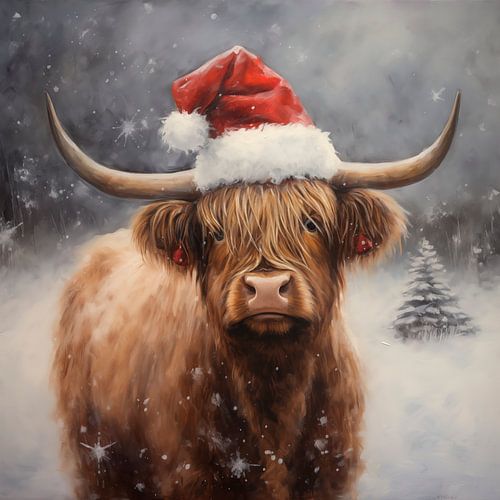 Scottish Highlander wearing a Santa hat