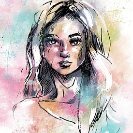 Colourful watercolour portrait of a young woman by Emiel de Lange