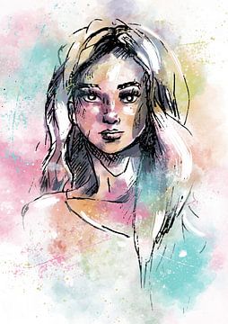 Portrait aquarelle coloré d'une jeune femme sur Emiel de Lange