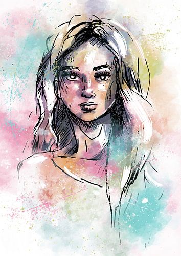 Kleurig waterverf portret van een jonge vrouw