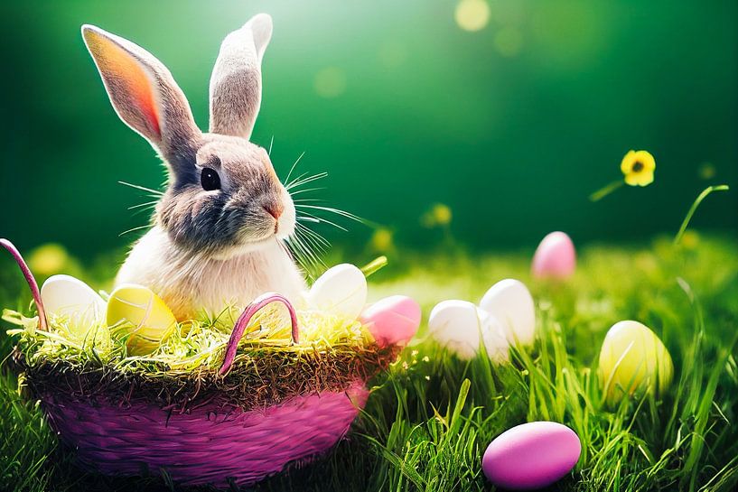 Paashaas met eieren en mand, kunstillustratie van Animaflora PicsStock