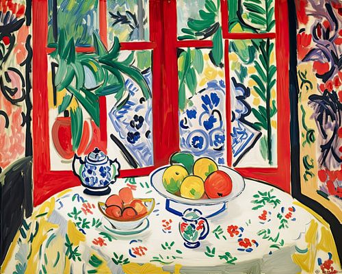 Tafel met fruit en zicht op de zomerse tuin