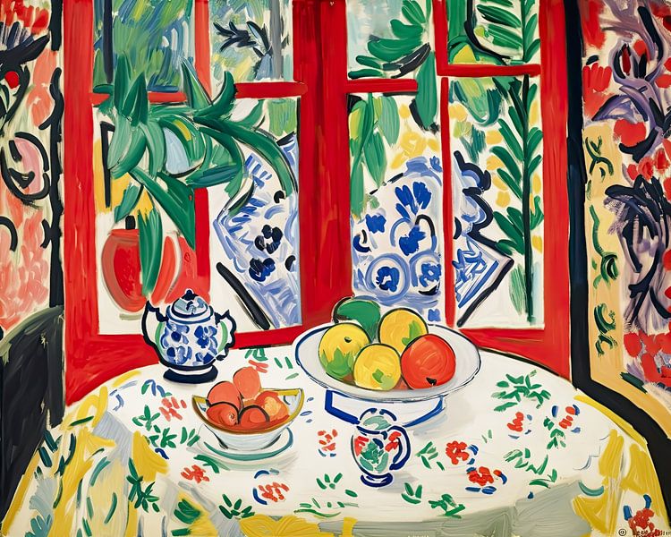 Tafel met fruit en zicht op de zomerse tuin van Vlindertuin-Art