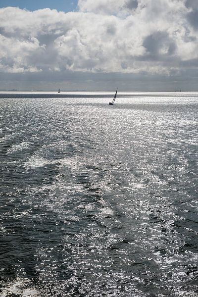 Sun over the Wadden Sea with sailing boat by Tonko Oosterink