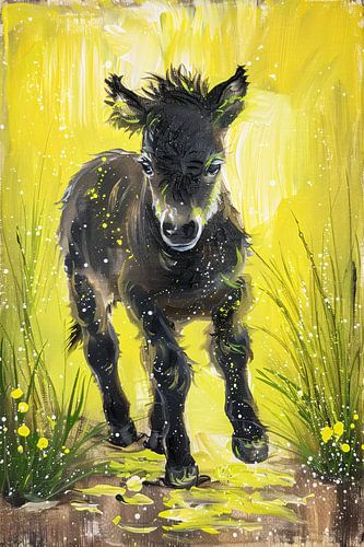 Abstract schilderij van pony met gele achtergrond