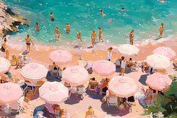 Plage d'été méditerranéenne aux couleurs pastel - Mer d'azur et parasols