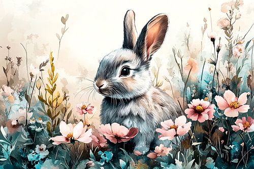 Konijn tussen bloemen in het veld