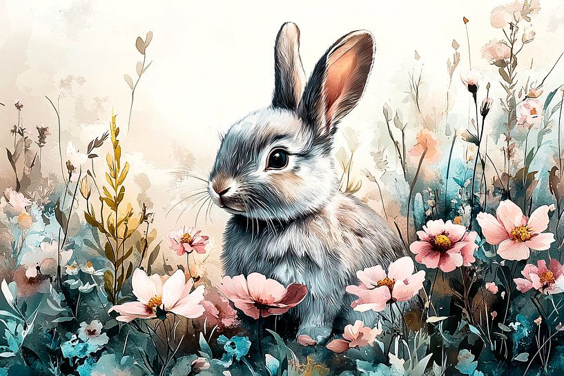 Rabbit among flowers in the field by Art & Soul Creations