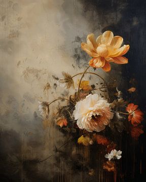 Bloemen tegen een abstracte achtergrond in wabi-sabi stijl van Carla Van Iersel