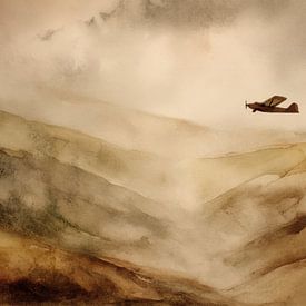 Vintage-Flugzeug über den Bergen – ein verträumtes Gemälde voller Nostalgie und Abenteuerlust von Peter Pen Zeichnungen und Gemälde