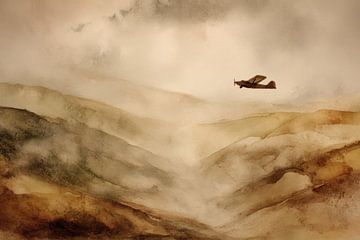 Avion vintage au-dessus des montagnes - peinture onirique empreinte de nostalgie et d'aventure sur Dessins et peintures de Peter Pen